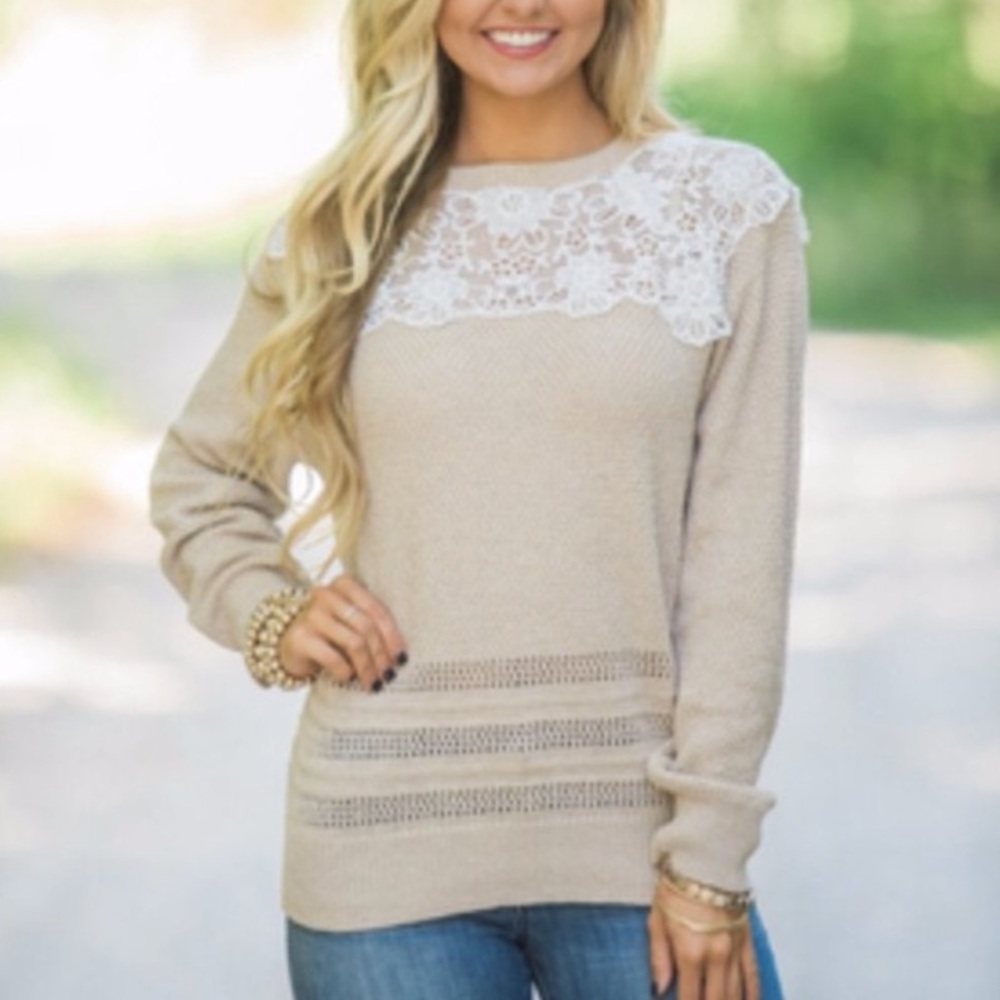 Tan Lightweight Sweater with Lace